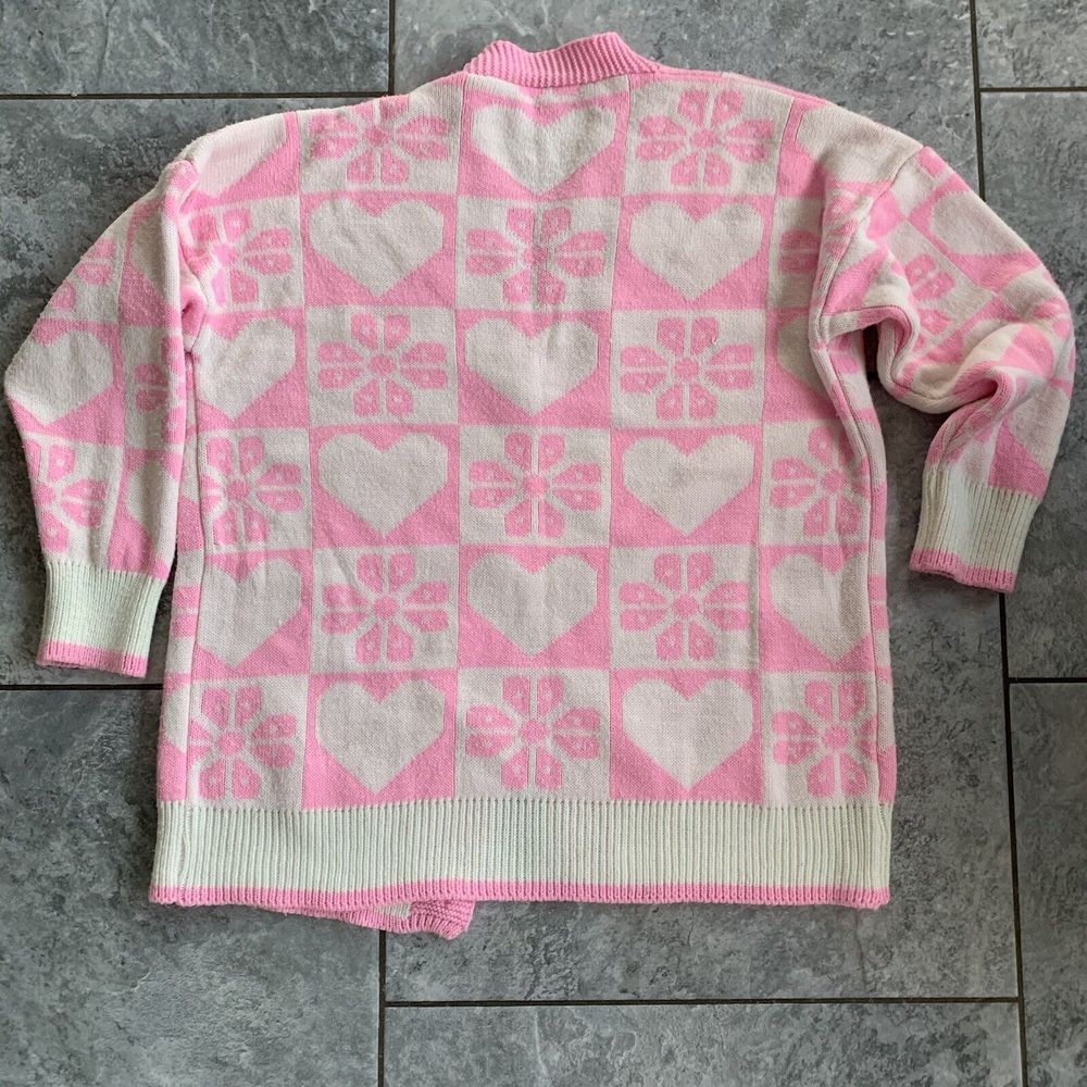 Pink White Block Heart Flower Vintage Cardigan Block Pattern Chest 44 - Picture 6 of 9